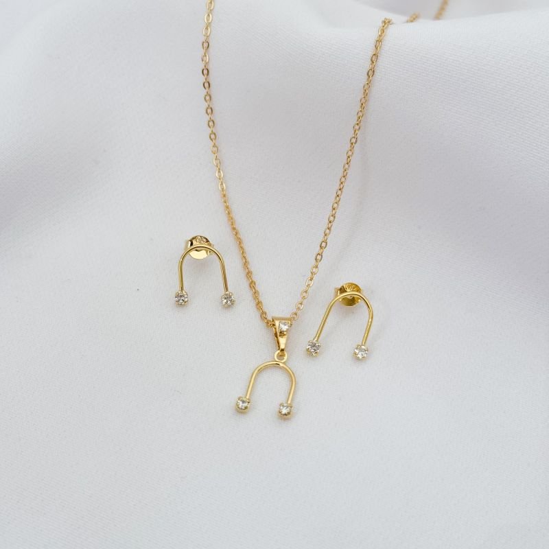 CONJUNTO PALITO EM U COM ZIRCONIA EM OURO 18K