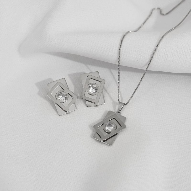 CONJUNTO RETANGULAR COM ZIRCONIA EM RÓDIO BRANCO