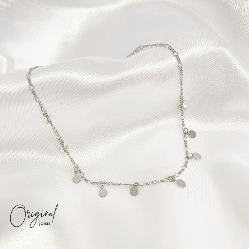 CHOCKER MEDALHINHAS 38cm + 5cm extensor EM RÓDIO BRANCO