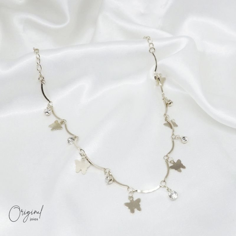 CHOKER BORBOLETAS E PONTO DE LUZ - 40 CM + 5CM DE EXTENSOR EM RÓDIO BRANCO