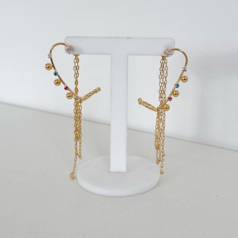 EARCUFF COM CORRENTE, BOLAS E PEDRINHAS COLORIDAS EM OURO 18K