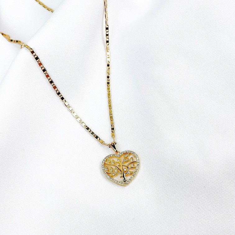 COLAR CORAÇÃO ARVORE DA VIDA CRAVEJADO COM GUCCI FINA 45CM EM OURO 18K