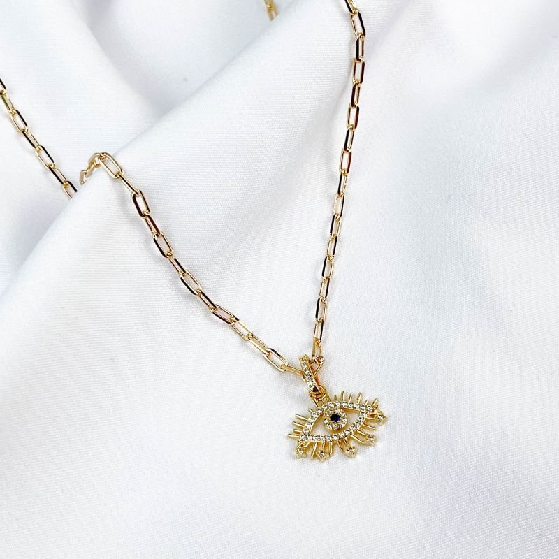 COLAR OLHO GREGO CRAVEJADO COM CARTIER FINA 45CM EM OURO 18K