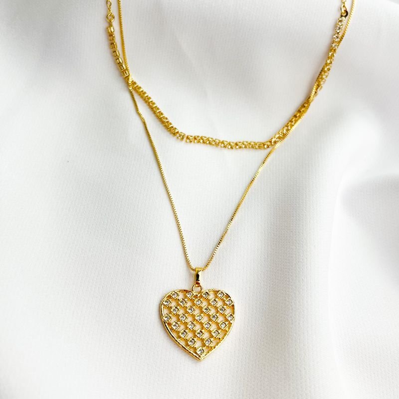 COLAR DUPLO ZIRCONIAS E CORAÇÃO CRAVEJADO EM OURO 18K