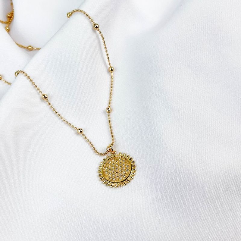 COLAR BOLINHAS COM PINGENTE MANDALA CRAVEJADA 45CM EM OURO 18K