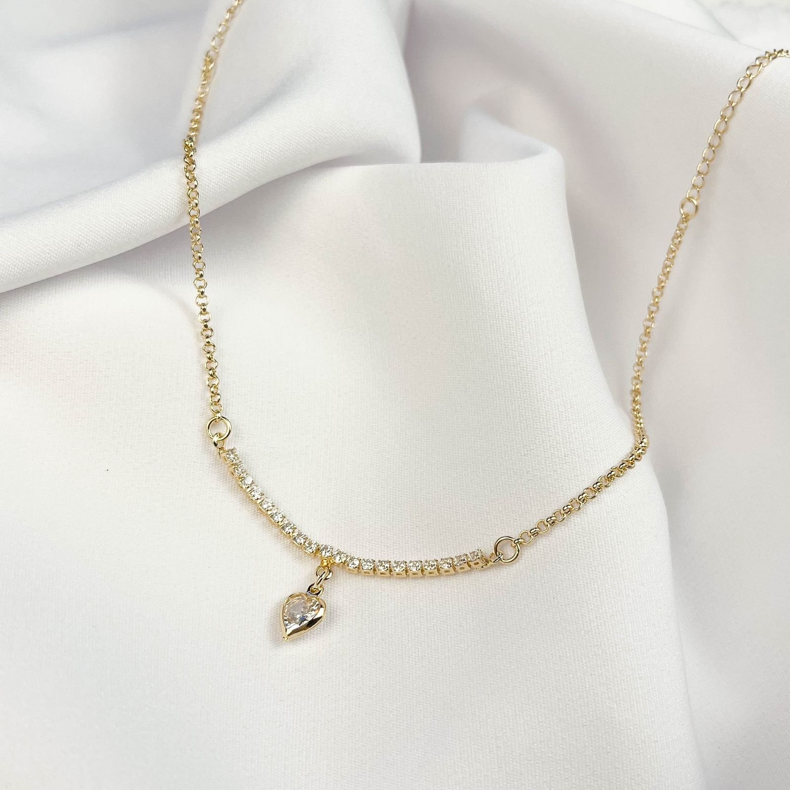 COLAR RIVIERA COM CORAÇÃO EM PONTO DE LUZ EM OURO 18K