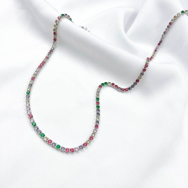 COLAR RIVIERA COLORIDA 50CM + 5CM DE EXTENSOR EM RÓDIO BRANCO