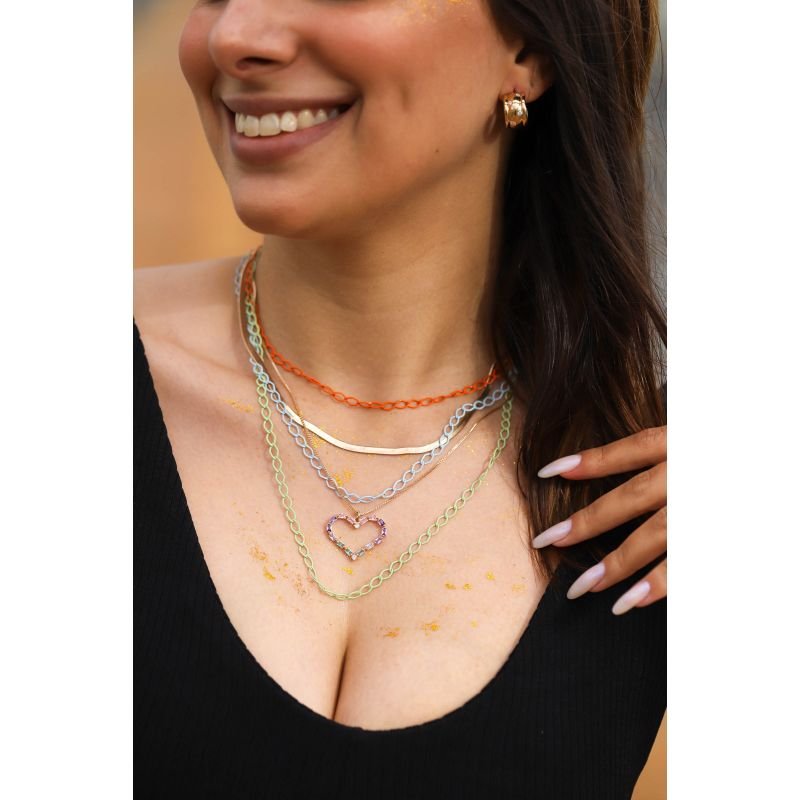 COLAR CORAÇÃO COM ZIRCONIAS RAINBOW 45CM EM OURO 18K