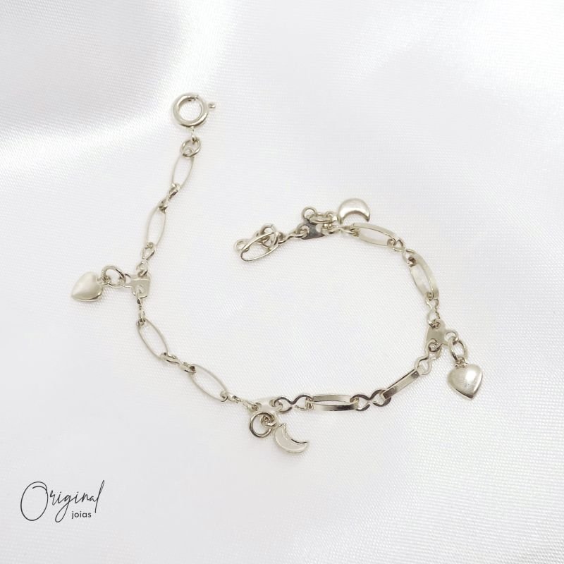 PULSEIRA CORAÇÕES E LUAS 18CM EM RÓDIO BRANCO