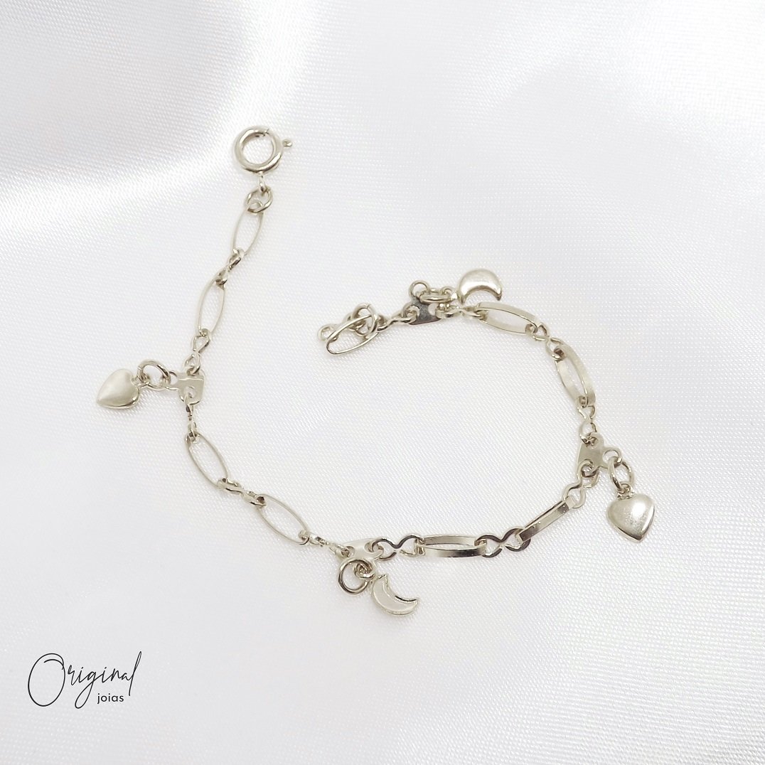 PULSEIRA CORAÇÕES E LUAS 18CM EM RÓDIO BRANCO