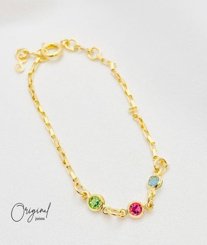 PULSEIRA INFANTIL PEDRINHAS COLORIDAS 14 CM EM OURO 18K