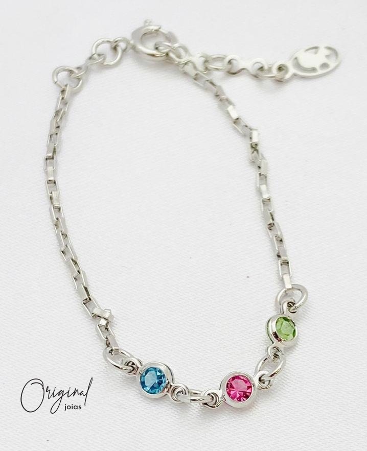 PULSEIRA INFANTIL PEDRINHAS COLORIDAS 14 CM EM RÓDIO BRANCO
