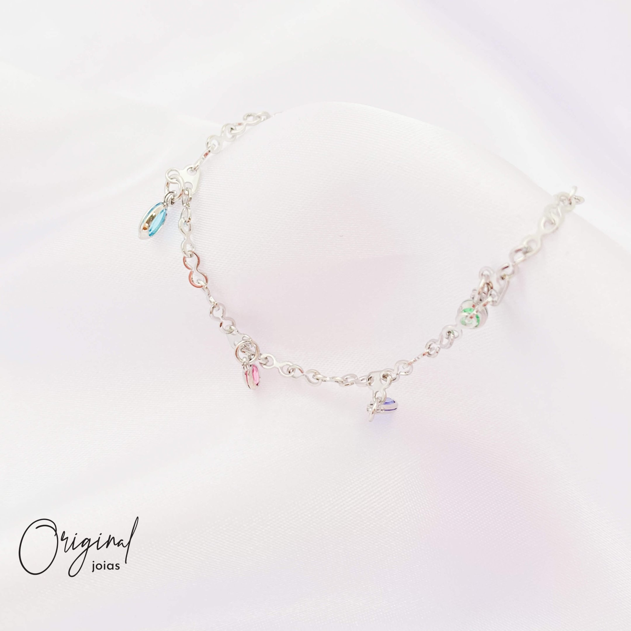 PULSEIRA COM PINGENTES COLORIDOS - 18 CM + EXTENSOR EM RÓDIO BRANCO