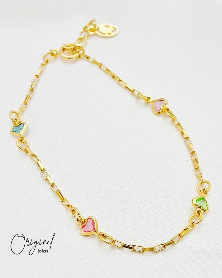 PULSEIRA CORAÇÕES COLORIDOS 18 CM + 5 CM EXTENSOR EM OURO 18K