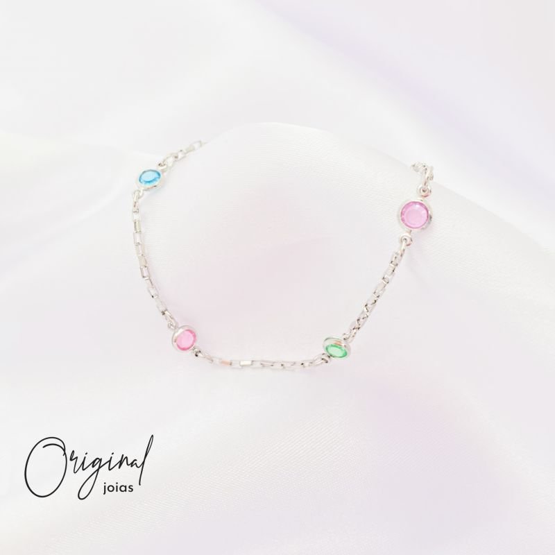 PULSEIRA PEDRINHAS COLORIDAS 18 CM + EXTENSOR EM RÓDIO BRANCO