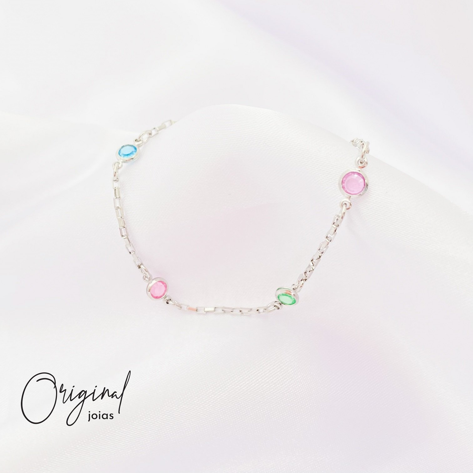 PULSEIRA PEDRINHAS COLORIDAS 18 CM + EXTENSOR EM RÓDIO BRANCO
