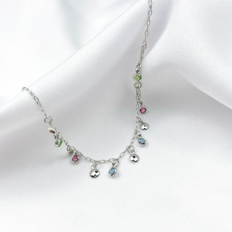 PULSEIRA PEDRINHAS COLORIDAS E CHAPINHAS REDONDAS 18CM + 3CM EM RÓDIO BRANCO