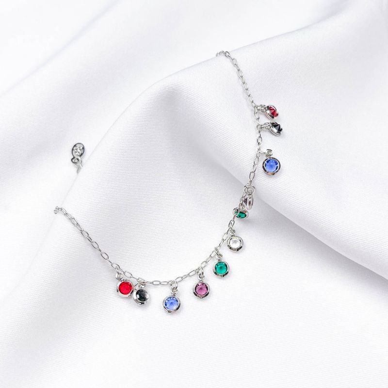 PULSEIRA PEDRINHAS COLORIDAS 18CM + 3CM EM RÓDIO BRANCO