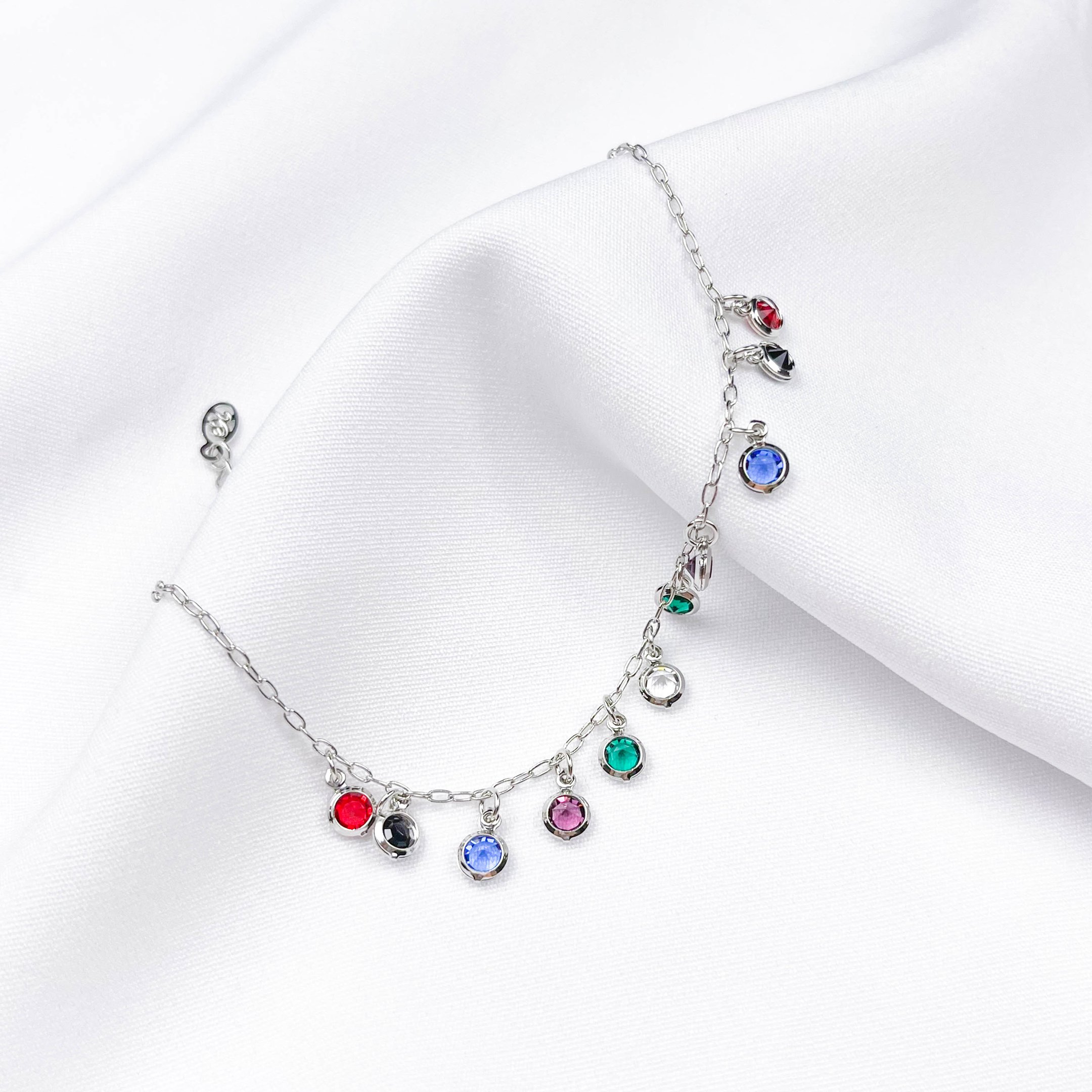 PULSEIRA PEDRINHAS COLORIDAS 18CM + 3CM EM RÓDIO BRANCO