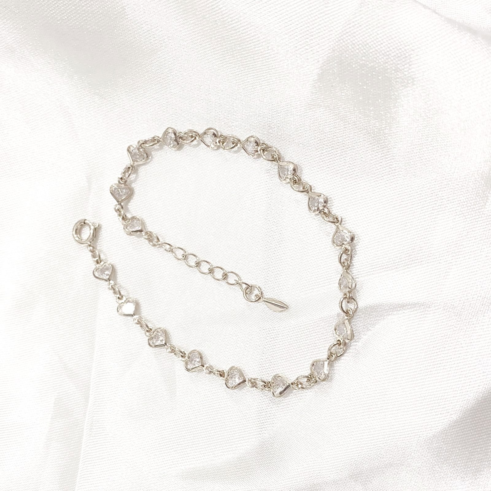 PULSEIRA CORAÇÕES EM ZIRCONIAS 18CM + EXTENSOR EM RÓDIO BRANCO
