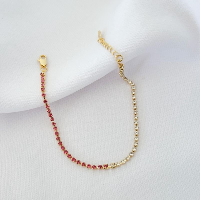 PULSEIRA BILOCOR COM STRASS 18CM + 3CM EM OURO 18K