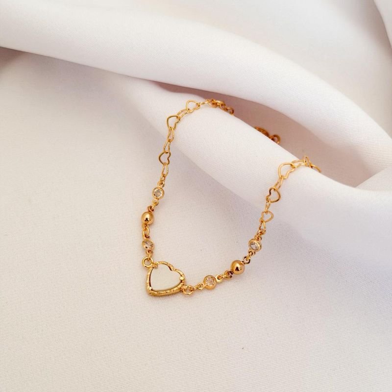 PULSEIRA C/ CORACAO PEROLADO, BOLINHAS E ZIRCONIA 16CM+3CM EM OURO 18K