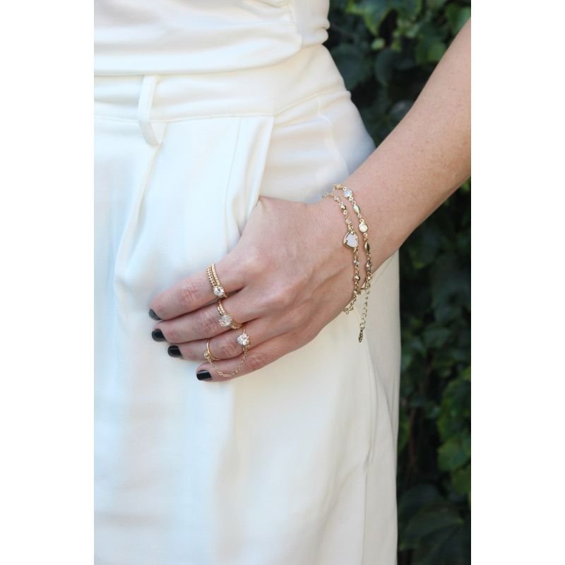 PULSEIRA C/ CORACAO PEROLADO, BOLINHAS E ZIRCONIA 16CM+3CM EM OURO 18K