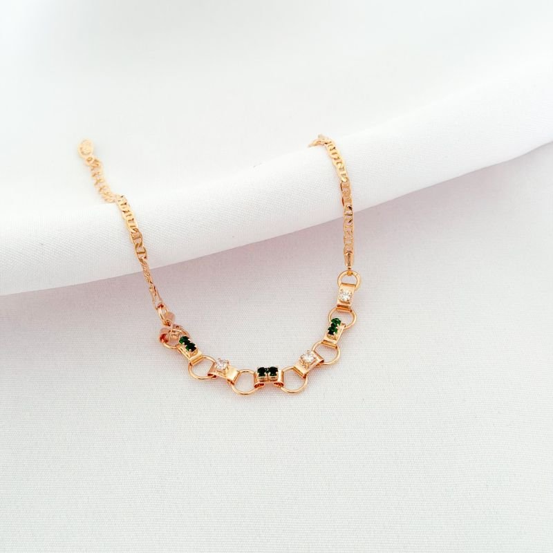PULSEIRA C/ ZICONIAS VERDE E CRISTAL 16CM+ 3CM EM OURO 18K