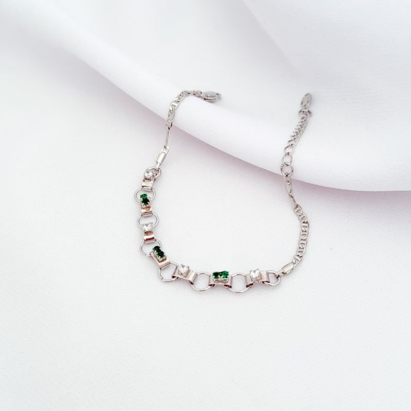 PULSEIRA C/ ZICONIAS VERDE E CRISTAL 16CM+ 3CM EM RÓDIO BRANCO