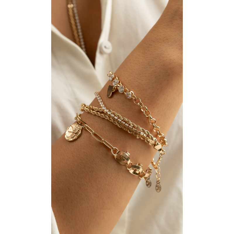 PULSEIRA COM ZIRCONIAS E PINGENTE DE CORAÇÃO EM OURO 18K