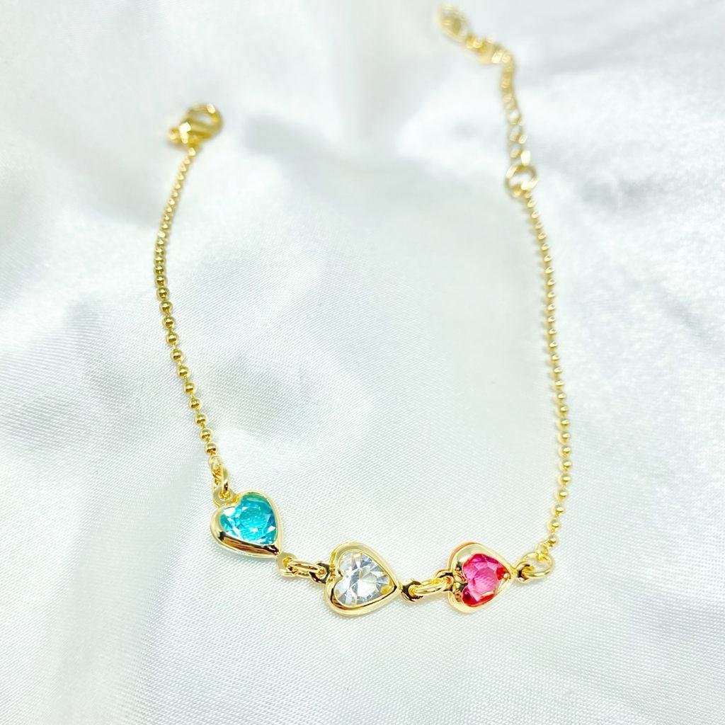 PULSEIRA CORRENTE BOLINHAS E CORAÇÕES COLORIDOS EM OURO 18K
