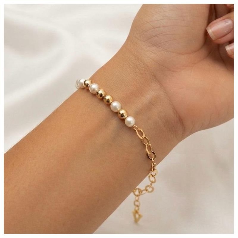PULSEIRA CORRENTE DE ELO C/ PEROLA E BOLAS EM OURO 18K