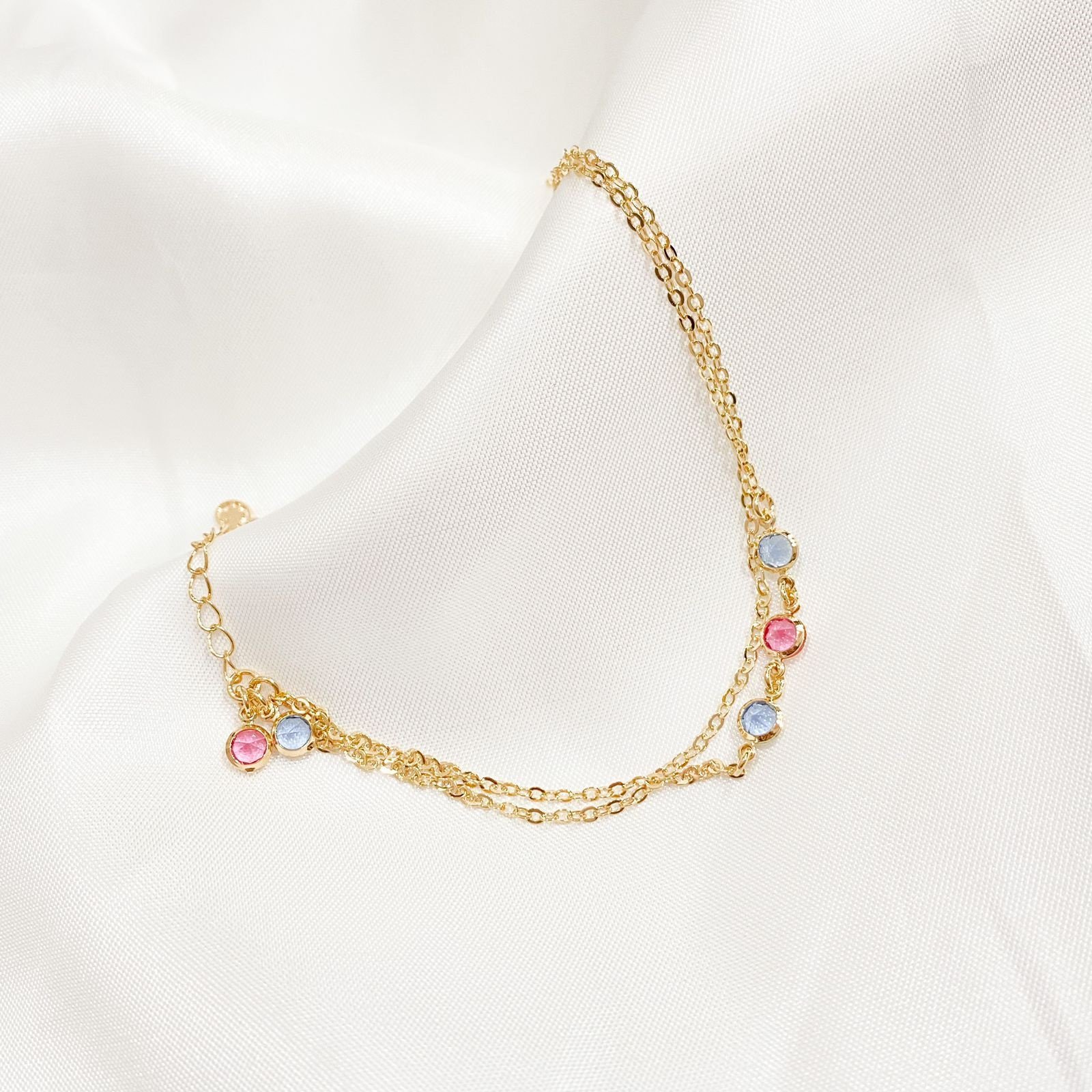 PULSEIRA CORRENTE DUPLA COLORIDA 18CM + 3CM EM OURO 18K