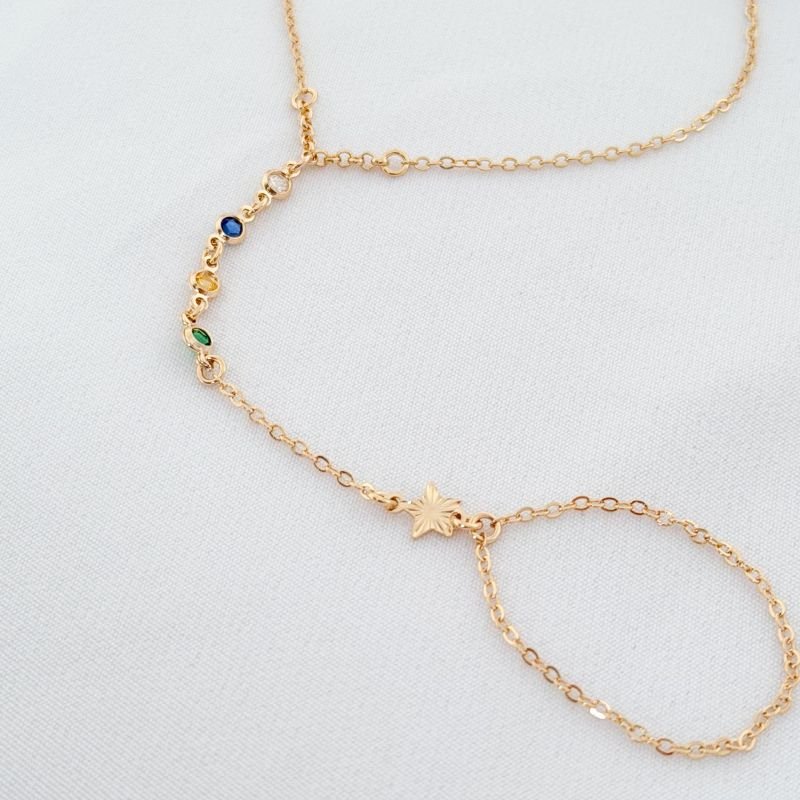 PULSEIRA DE MÃO C/ ESTRELA DIAMAN. E ZIRCONIA COLORIDA EM OURO 18K