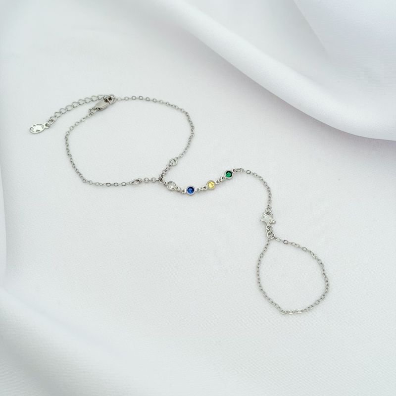 PULSEIRA DE MÃO C/ ESTRELA DIAMAN. E ZIRCONIA COLORIDA EM RÓDIO BRANCO