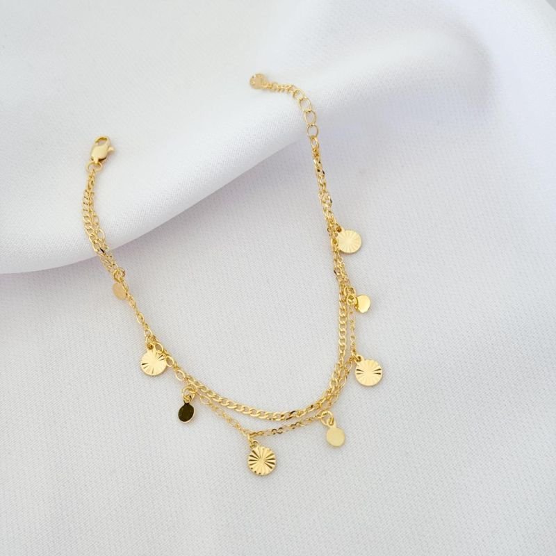 PULSEIRA DUPLA C/ MEDALHAS LISAS E DIAMANTADA EM OURO 18K