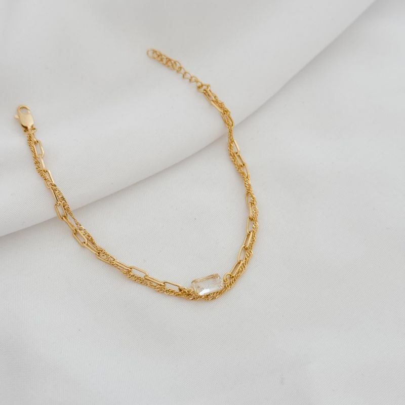 PULSEIRA DUPLA COM PEDRA OCTAGONAL EM OURO 18K