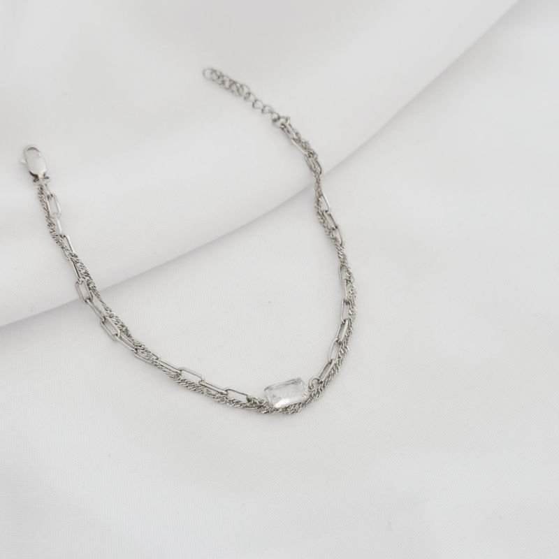 PULSEIRA DUPLA COM PEDRA OCTAGONAL EM RÓDIO BRANCO