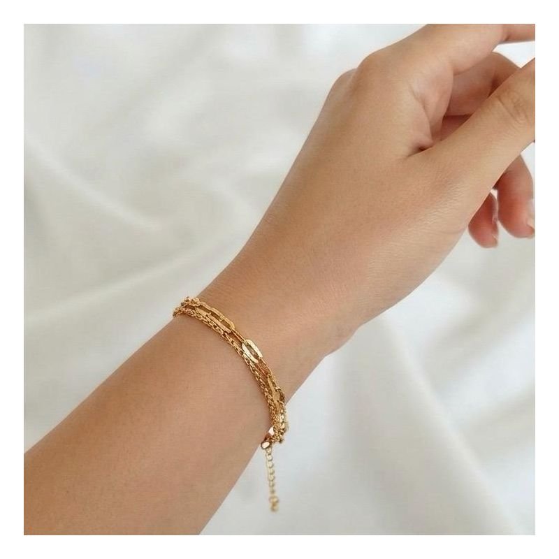 PULSEIRA DUPLA ELO ALONGADO E MALHA TRANCADA EM OURO 18K