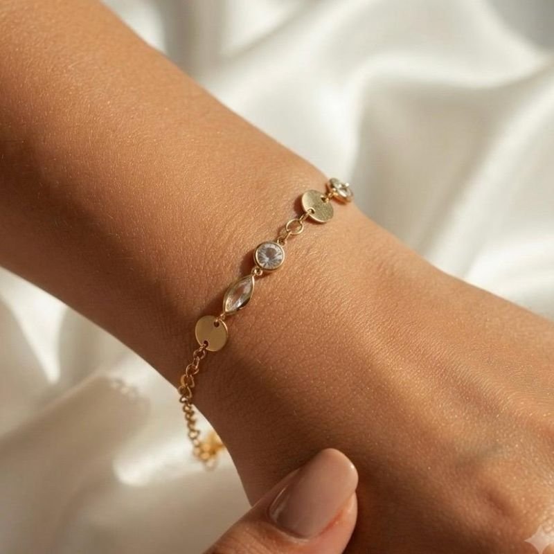PULSEIRA ELO PORTUGUES C/ PEDRAS DIVERSAS EM OURO 18K