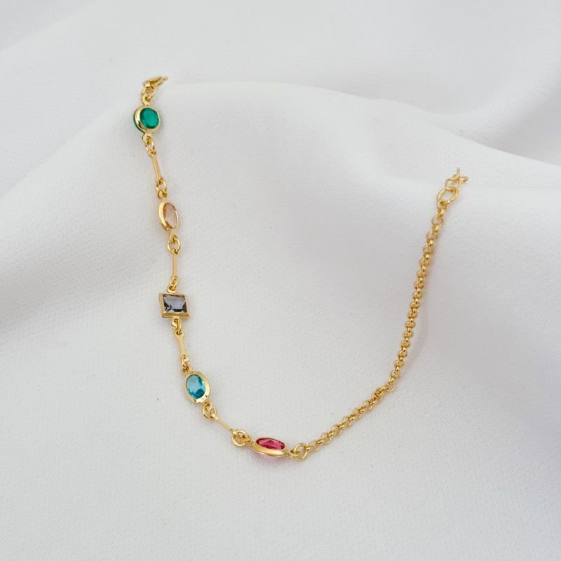 PULSEIRA ELO PORTUGUES COM PEDRAS COLORIDAS EM OURO 18K