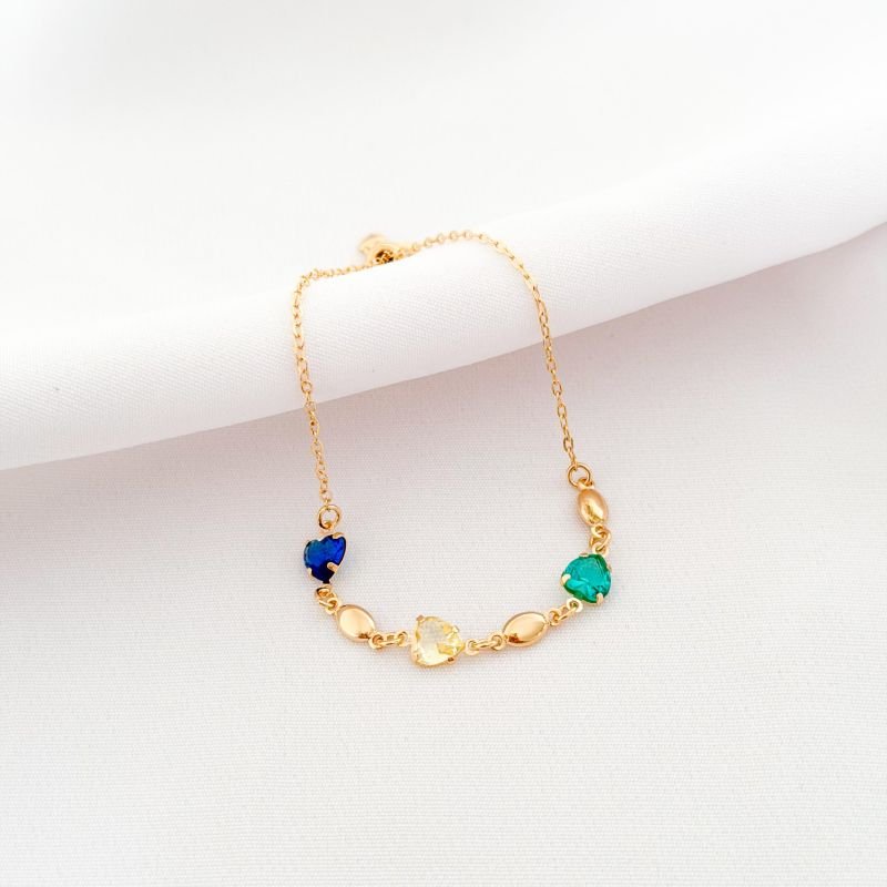 PULSEIRA FECHO DE SILECONE C/ CORACOES COLORIDOS EM OURO 18K