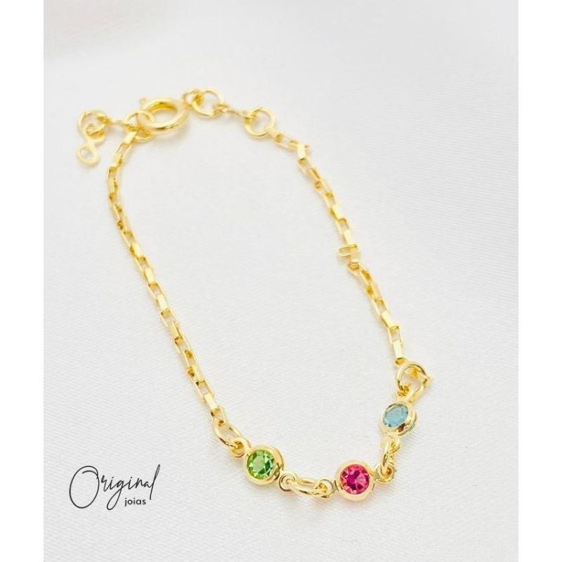 PULSEIRA INFANTIL PEDRINHAS COLORIDAS 14 CM EM OURO 18K