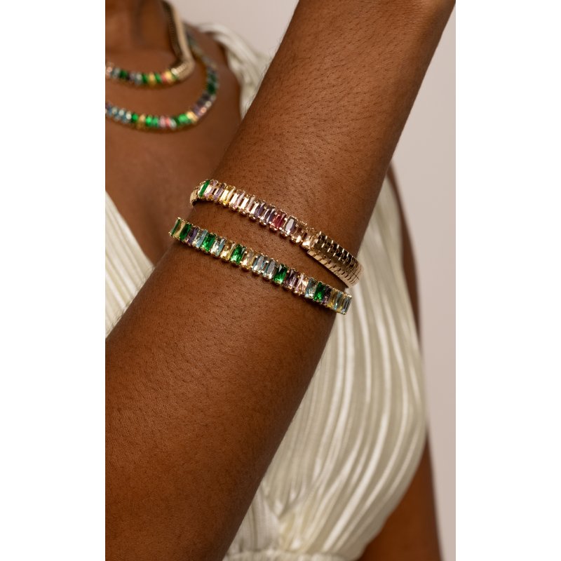 PULSEIRA MALHA COM BAGUETES COLORIDAS EM OURO 18K