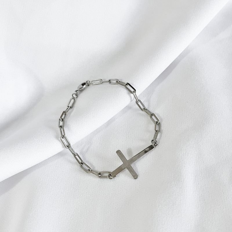 PULSEIRA MASCULINA COM CRUZ 22 CM EM RÓDIO BRANCO