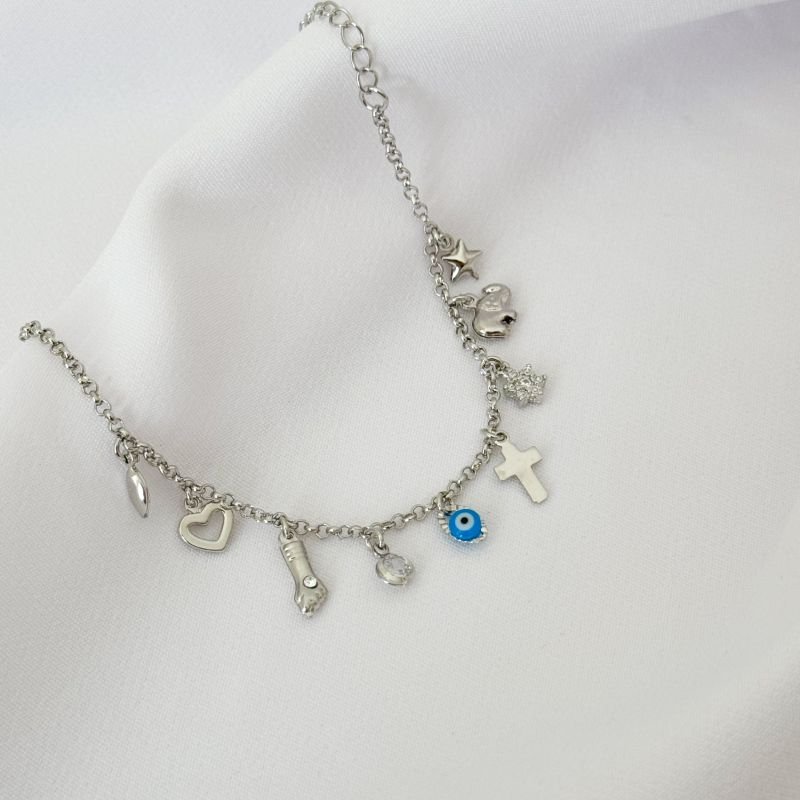 PULSEIRA MISTICA COM PINGENTES EM RÓDIO BRANCO