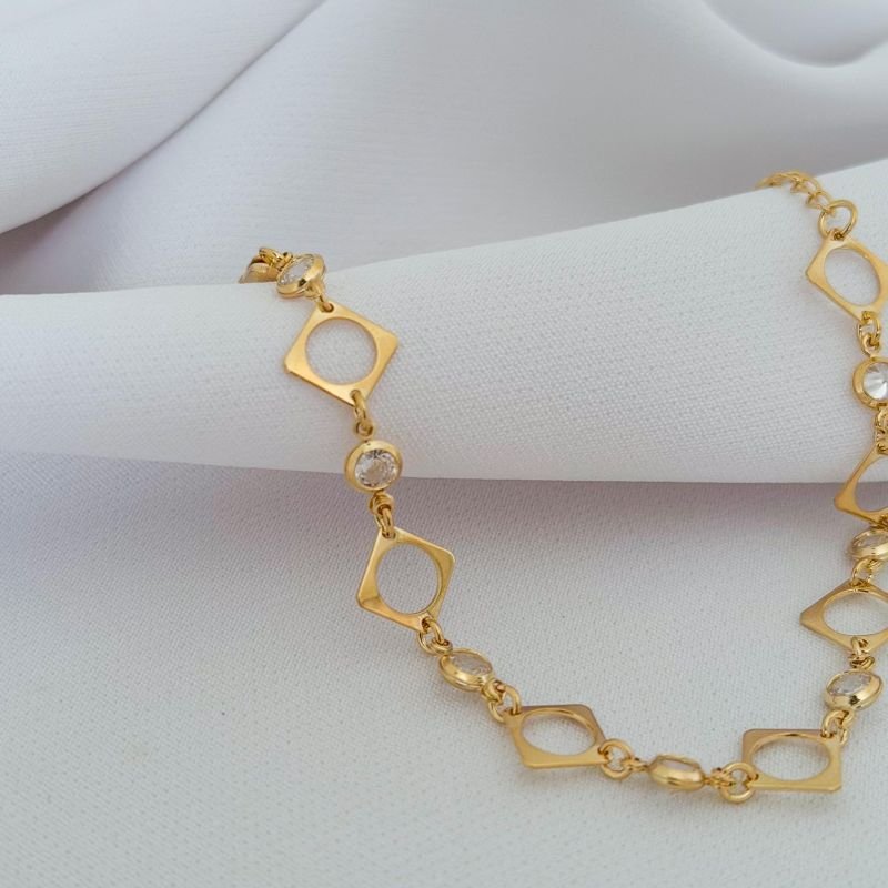 PULSEIRA QUADRADOS VAZADOS COM ZIRCONIAS 16CM+ 3CM EM OURO 18K