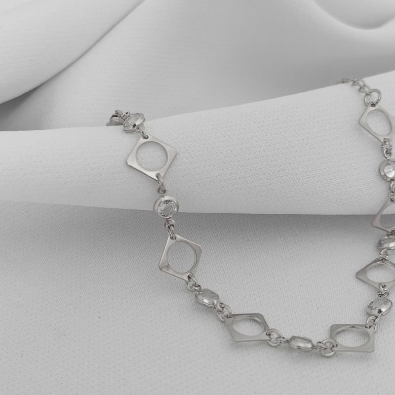 PULSEIRA QUADRADOS VAZADOS COM ZIRCONIAS 16CM+3CM EM RÓDIO BRANCO