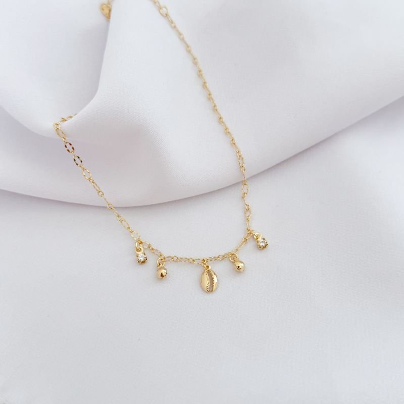 TORNOZELEIRA BUZIO COM BOLINHAS E ZIRCONIAS EM OURO 18K