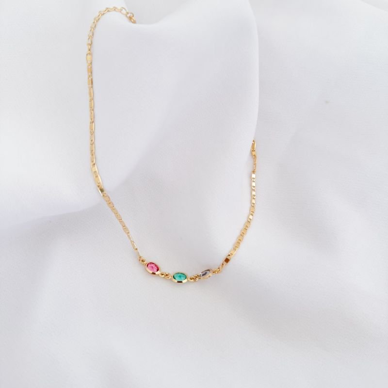 TORNOZELEIRA COM ZIRCONIAS COLORIDAS EM OURO 18K